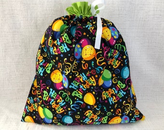Reusable Fabric Gift Bag Happy Birthday with Drawstring, Large