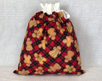 Reusable Fabric Christmas Gift Bag With Drawstring Top, Holiday, Ginger Bread Cookie, Large