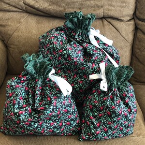 Reusable Fabric Gift Bag With Drawstring Top, Christmas, Holiday, Set of Three