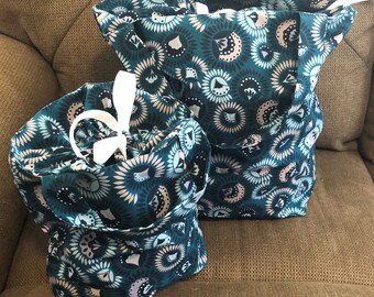 Fabric Gift Bag With Drawstring Top, Teal Flowers, Set of Two