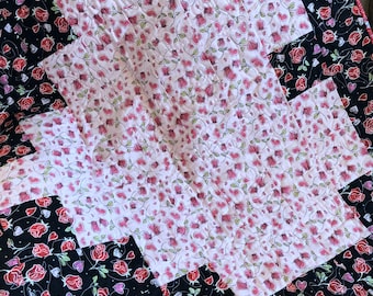 Lap Quilt, Pink and Black Heart and Flowers, Throw Blanket, Home Decor