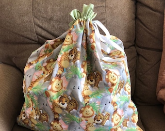 Reusable Fabric Gift Bag Jungle Animals for Baby with Drawstring, Extra Large