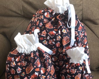 Reusable Fabric Gift Bag With Drawstring Top, Christmas, Holiday, Set of Three