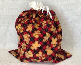 Reusable Fabric Christmas Gift Bag With Drawstring Top, Holiday, Ginger Bread Cookie, Extra Large