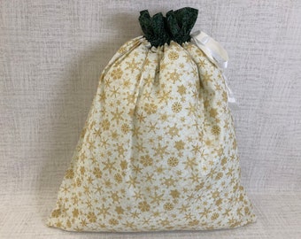 Reusable Fabric Gift Bag With Drawstring Top, Christmas, Holiday, Gold, Large