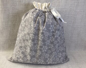 Reusable Silver Fabric Gift Bag With Drawstring Top, Christmas, Holiday, Large