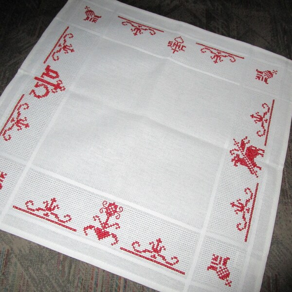 Christmas basket blanket in traditional red and white hand embroidered