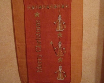 Christmas embroidered wall hanging, hand-embroidered in cross stitch, Santa Claus with Merry Chrismas and hanging