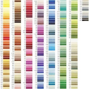 May include: A color chart of DMC embroidery floss with over 200 different colors. The chart is organized by color family and includes the DMC number for each color.