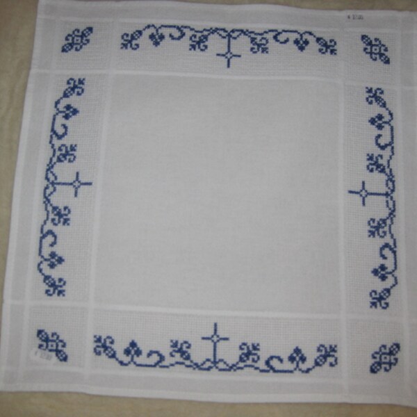 Christmas basket blanket in blue and white hand embroidered