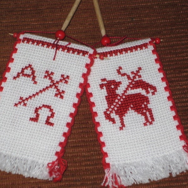 Traditionally double-sided hand-embroidered flag for Easter lamb and consecration basket