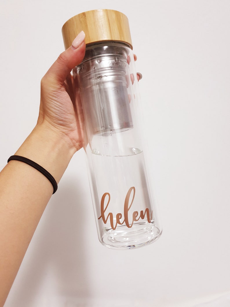 PERSONALISED Bamboo Glass Tea Infuser Water Bottle, Ecofriendly Double