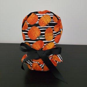 Pumpkin Stripes Ponytail Surgical Scrub Cap Hat