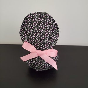 Pink , White, Flowers, Ponytail Surgical Scrub Cap Hat