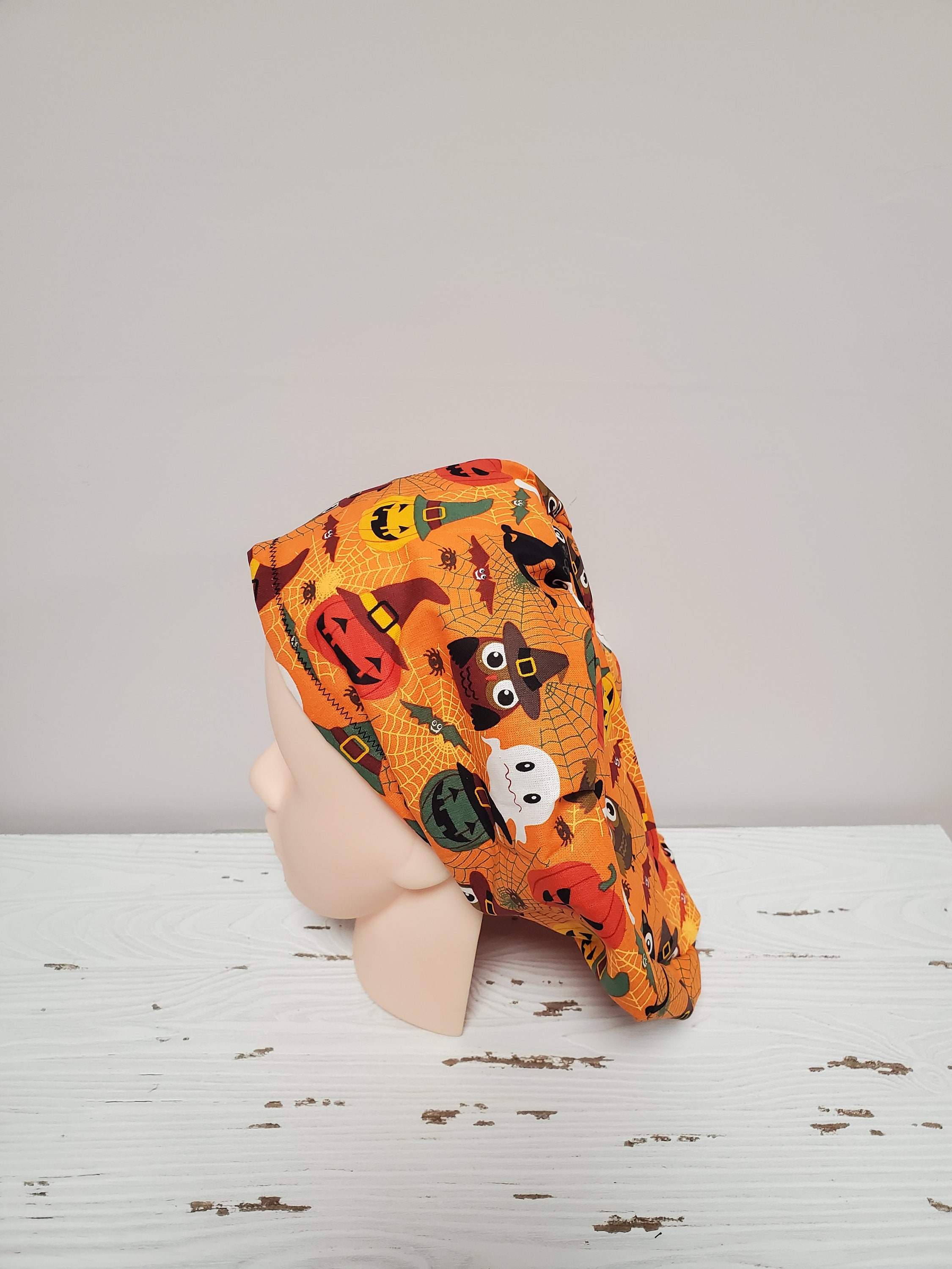 Halloween Owl Ghost Bats and Pumpkins Euro Surgical Scrub Cap Hat Adjustable Toggle