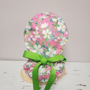 White Floral Pink Ponytail Surgical Scrub Cap Hat