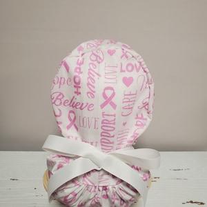 Pink and White Breast Cancer Awareness  Ponytail Surgical Scrub Cap Hat