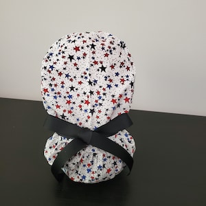 Red White Blue and Black Stars Ponytail Surgical Scrub Cap Hat
