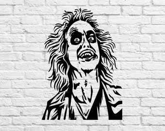 May include: Black and white illustration of a character with long hair and a menacing expression. The character is wearing a jacket and has a large mouth with sharp teeth.