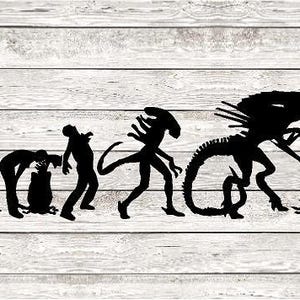 May include: Black and white silhouette of the evolution of an alien creature, starting with an egg and ending with a fully grown alien with a long tail and a skull-like head.