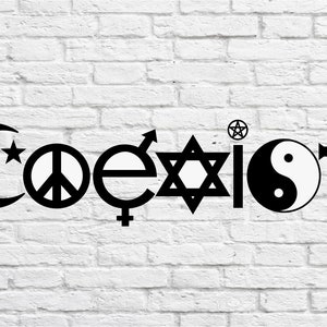May include: Black and white graphic design on a white brick wall that reads "coexist" with various religious symbols including a crescent moon and star, a peace sign, a yin yang, a cross, a Star of David, and a pentagram.