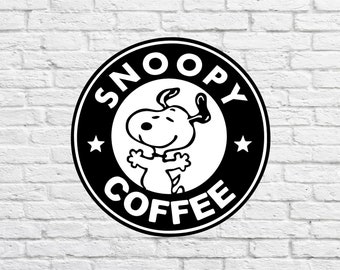 May include: Black and white logo with the text "Snoopy Coffee" in a circle. A cartoon image of Snoopy is in the center of the circle.