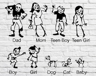 May include: Black and white illustration of a zombie family with a dad, mom, teen boy, teen girl, boy, girl, dog, cat, and baby. The family is depicted in a cartoon style with exaggerated features.
