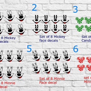 May include: Eight Mickey Mouse face decals, eight Mickey Mouse candy decals, eight Minnie Mouse face decals, and eight Minnie Mouse candy decals. The decals are arranged in rows of eight on a white brick background.