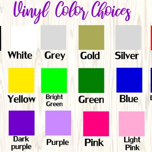 May include: Image displaying a variety of vinyl color options. The colors include black, white, grey, gold, silver, red, orange, yellow, bright green, green, blue, dark blue, teal, dark purple, purple, pink, light pink, and burgundy.
