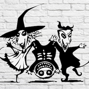 May include: Black and white illustration of three characters from a Halloween-themed movie. One character wears a witch hat and dress, another is a devil, and the third is upside down. The image is set against a white brick wall.