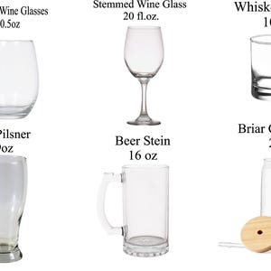 May include: A set of six clear glass drinking glasses in various styles and sizes, including a stemless wine glass, a stemmed wine glass, a whiskey glass, a beer pilsner glass, a beer stein, and a briar can glass. The glasses are arranged in three rows of two, with the text "Stemless Wine Glasses 20.5oz", "Stemmed Wine Glass 20 fl.oz.", "Whiskey Glass 10oz", "Beer Pilsner 19oz", "Beer Stein 16 oz", and "Briar Can Glass 20oz" printed above each glass.