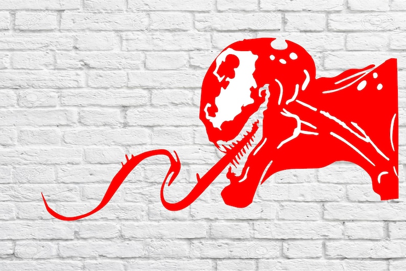 May include: Red and white graphic illustration of a cartoon Venom character with a long red tongue. The character is on a white brick wall background.