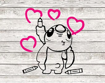 May include: A black and white cartoon illustration of a character with large eyes and a pink heart drawn above its head. The character is holding a pink crayon in its right hand and there are pink hearts drawn around it.