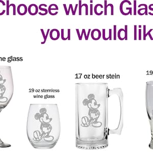 May include: Four different glass designs featuring a Mickey Mouse etching. The glasses include a 16 ounce wine glass, a 19 ounce stemless wine glass, a 17 ounce beer stein, and a 19 ounce pilsner glass.