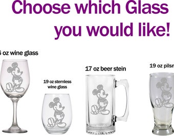 mickey drawing Disney Drinking glasses - choose your glass style! perfect for any occasion. sandblasted permanent process :)