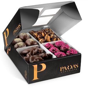 Assorted Chocolates Gift Box - 1 Pound Kosher Parve Dairy Free - Strawberry Yogurt, Almond Clusters, Cashew Patties & Caramel Bonbons