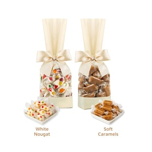 Old Fashioned Candy Gift Set – Sour Jelly Nougat & Nuttery Caramels in Elegant Ribbon Bags, Kosher, Dairy Free.