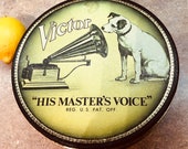 Bristolware RCA Victor His Masters Voice tin round vintage small dog black gold