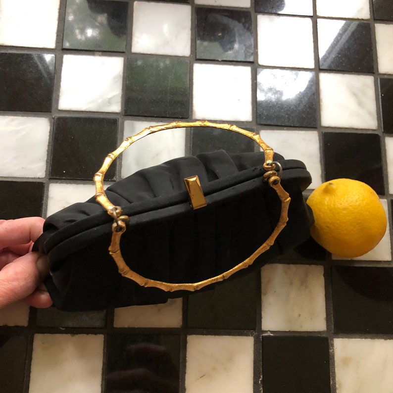 Vintage mid century After Five black evening clutch purse with brass bamboo handle
