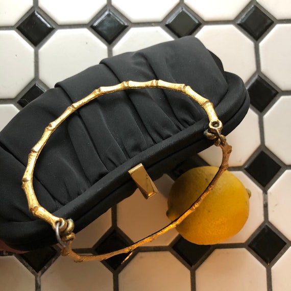 Vintage mid century After Five black evening clutch purse with brass bamboo handle