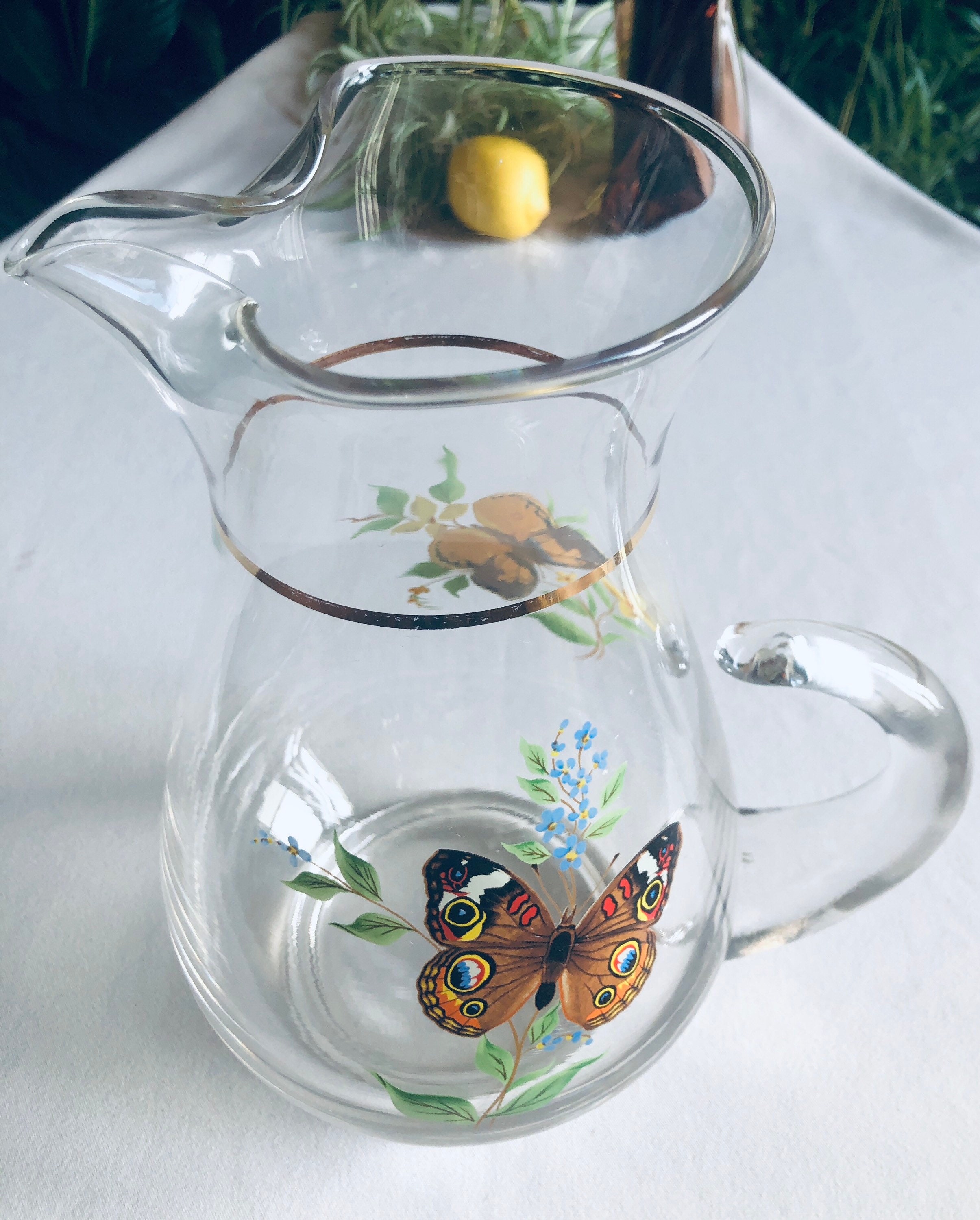 Vintage Clear Etched Butterflies & Leaves Pattern Glass Pitcher With Lid
