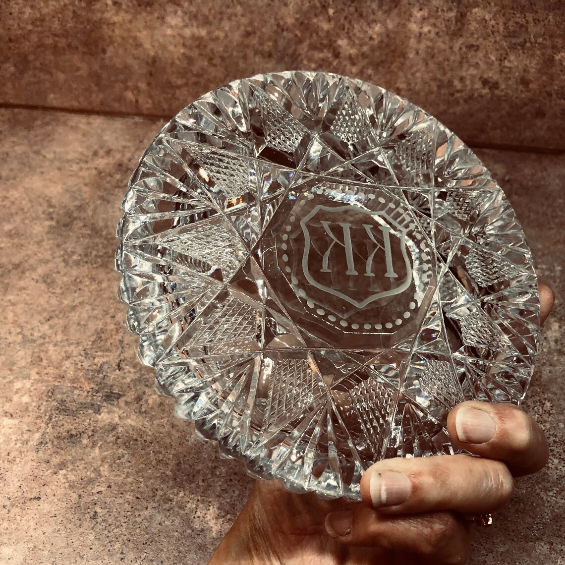 Vintage heavy lead crystal ashtray with KK engraved in center Etsy