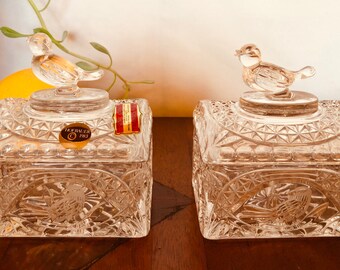 RARE pair of vintage Crystal Glass Vanity Jar Jewelry Bird Trinket Box ECHT BLEIKRISTALL
