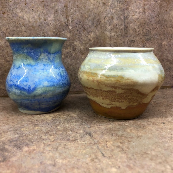Hand crafted vintage pottery planter or floral vase set of two signed V Latta 1990