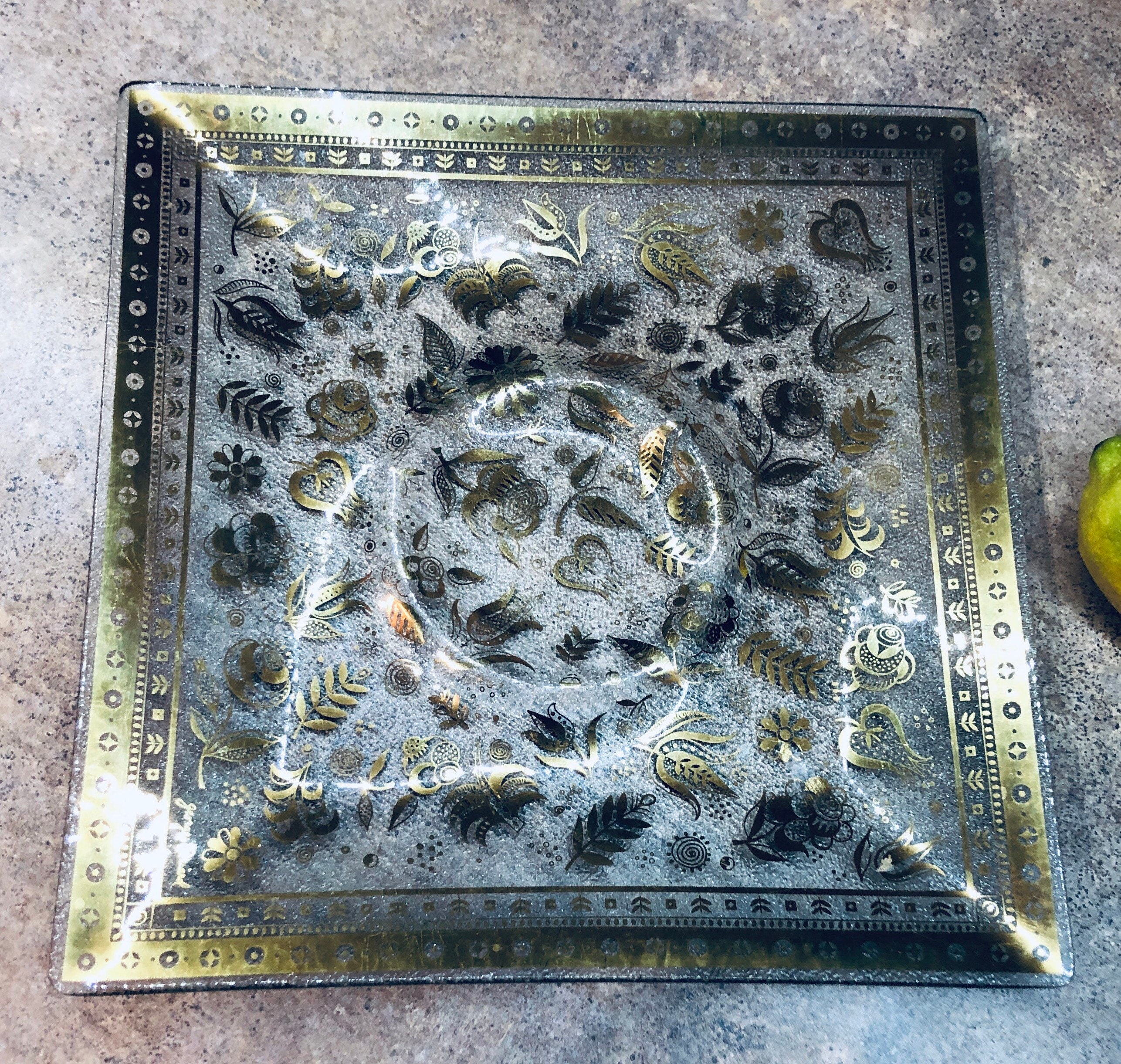 Vintage Georges Briard MCM Bent Glass Serving Tray Platter Gold Gilt Persian garden design