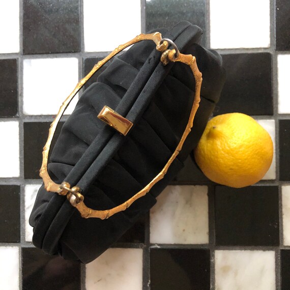 Vintage mid century After Five black evening clutch purse with brass bamboo handle