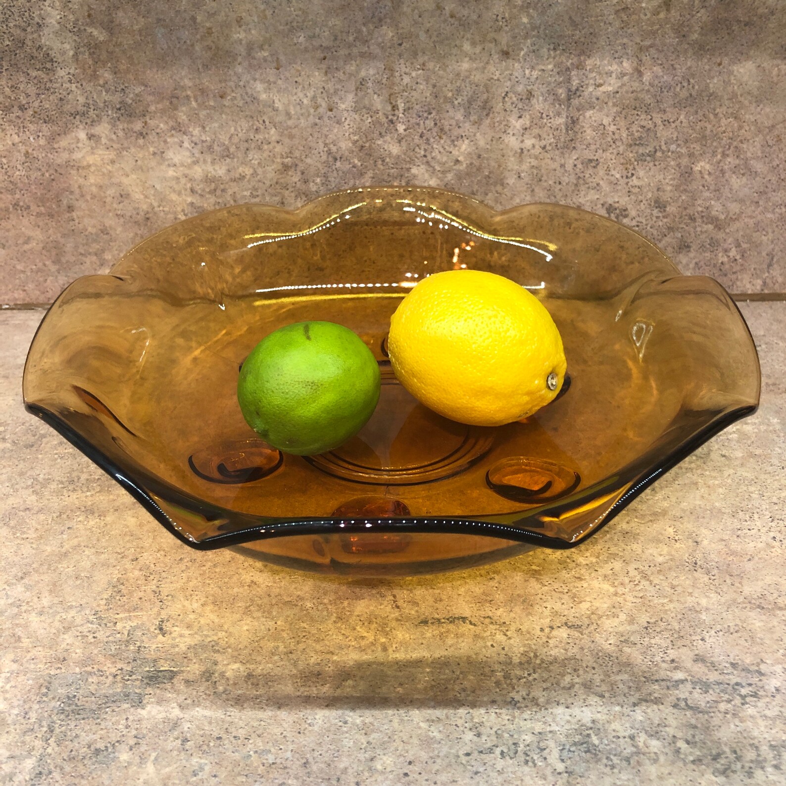 Vintage Amber Glass Footed Ruffled Bowl Etsy