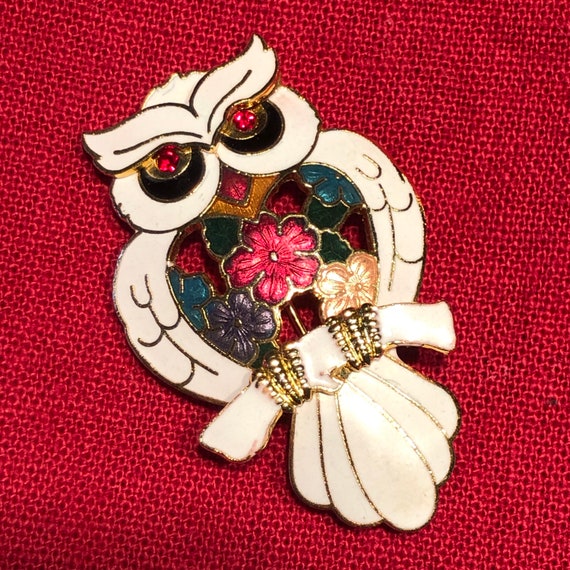 Vintage enameled owl brooch pin 1980s - image 1