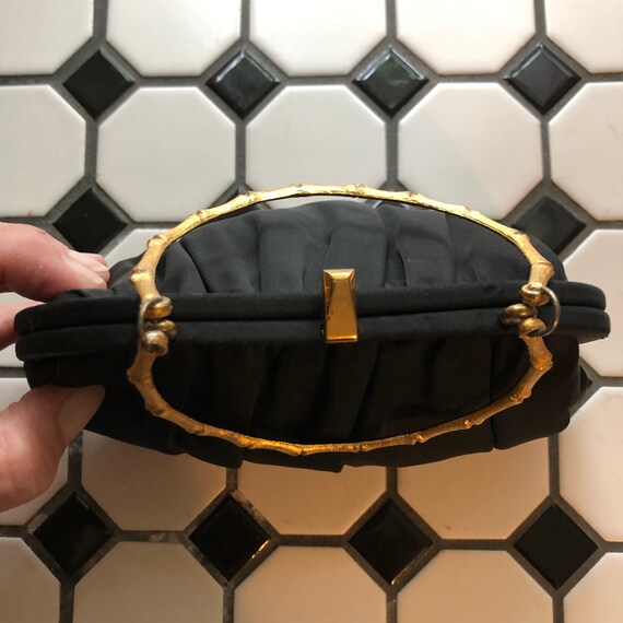 Vintage mid century After Five black evening clutch purse with brass bamboo handle