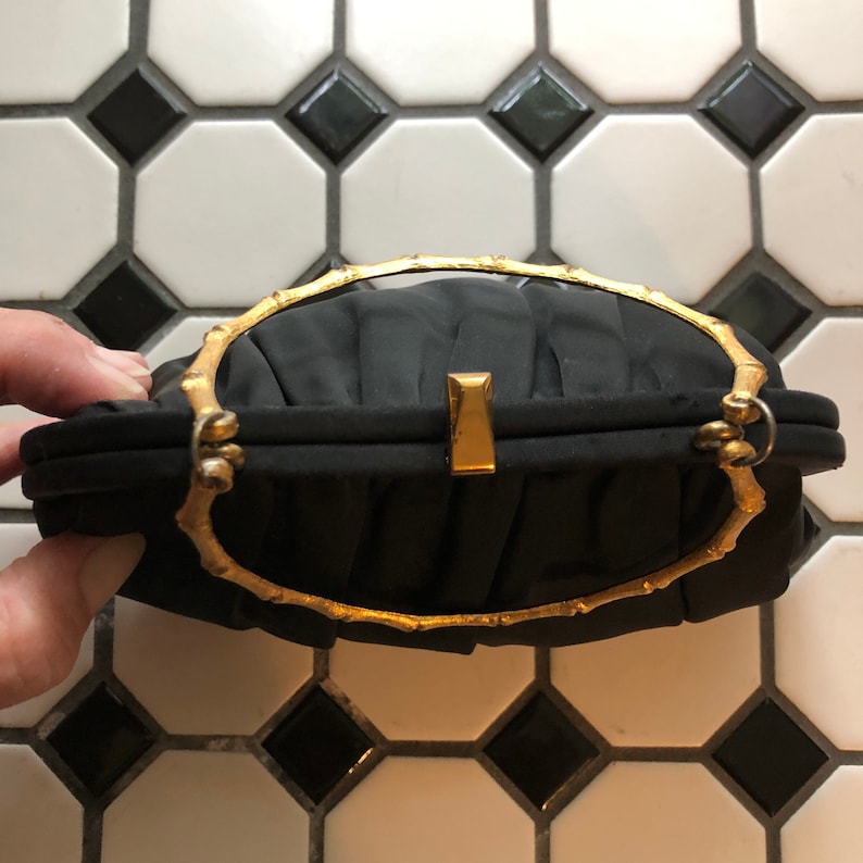 Vintage mid century After Five black evening clutch purse with brass bamboo handle